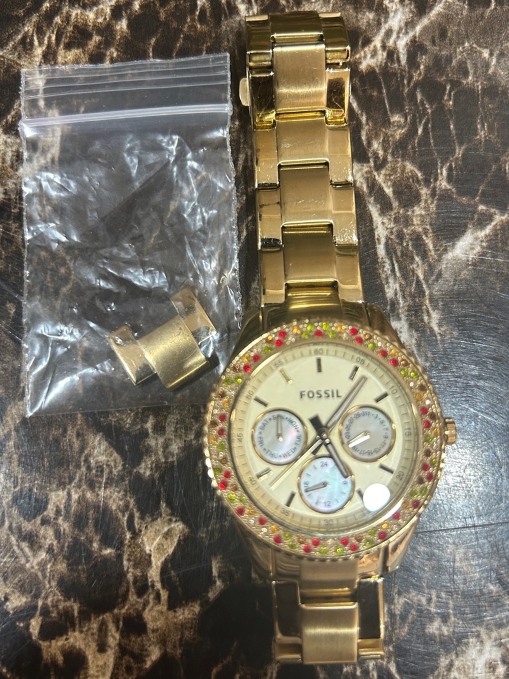 Fossil Gold Tone Women’s Crystal Bezel Chronograph Watch with Pink Accents